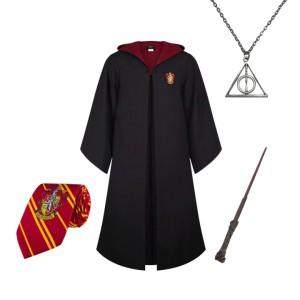 Cosplay Harry Potter set toga Grifondoro cravatta bacchetta e doni della morte