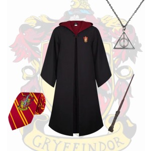 Cosplay Harry Potter set toga Grifondoro cravatta bacchetta e doni della morte