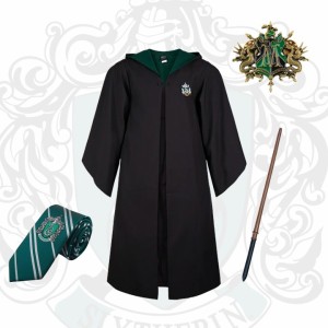 Draco Malfoy-Cosplay - Slytherin-Toga-Set mit Krawatte, Zauberstab und Brosche
